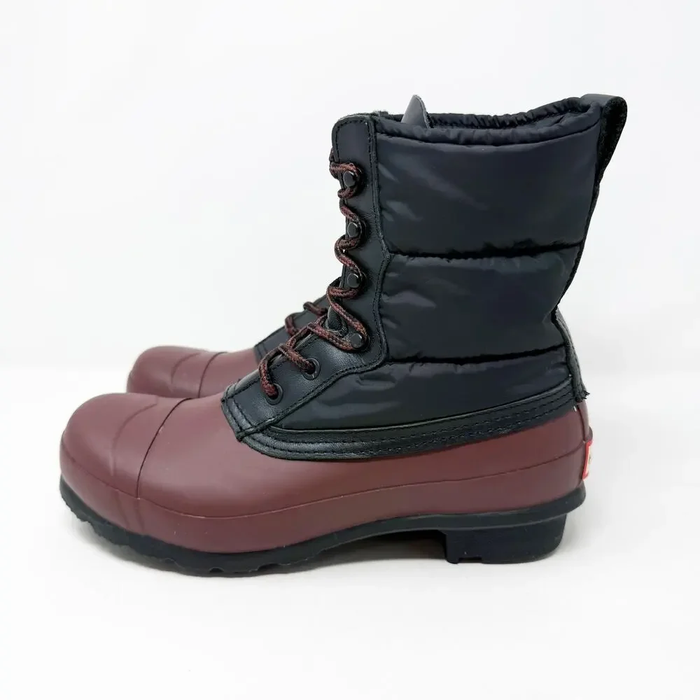 Hunter Maroon/Black Lace Up Rain Boots Women's Size 8 Duck Boot Style Waterproof